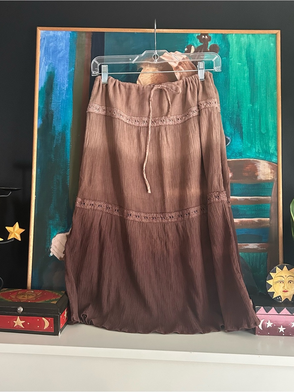 Brown Cotton Gauze Boho Midi Skirt Crochet Trim Drawstring Waist M